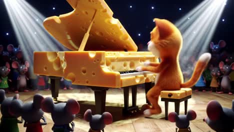 A Feline Virtuoso Captivates an Audience of Mice with a Unique Cheese Piano Performance, Combining Charm and Humor in a Delightful Animated Extravaganza