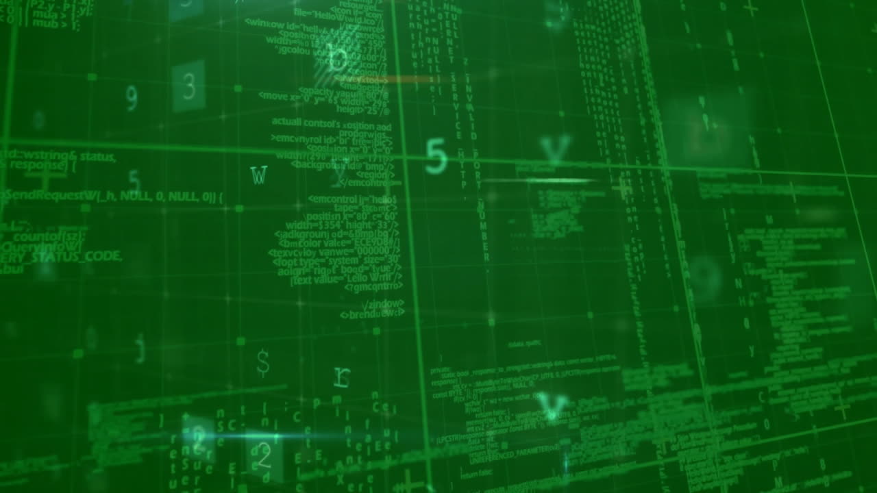 animación del procesamiento de datos con advertencia de ciberataque en fondo verde