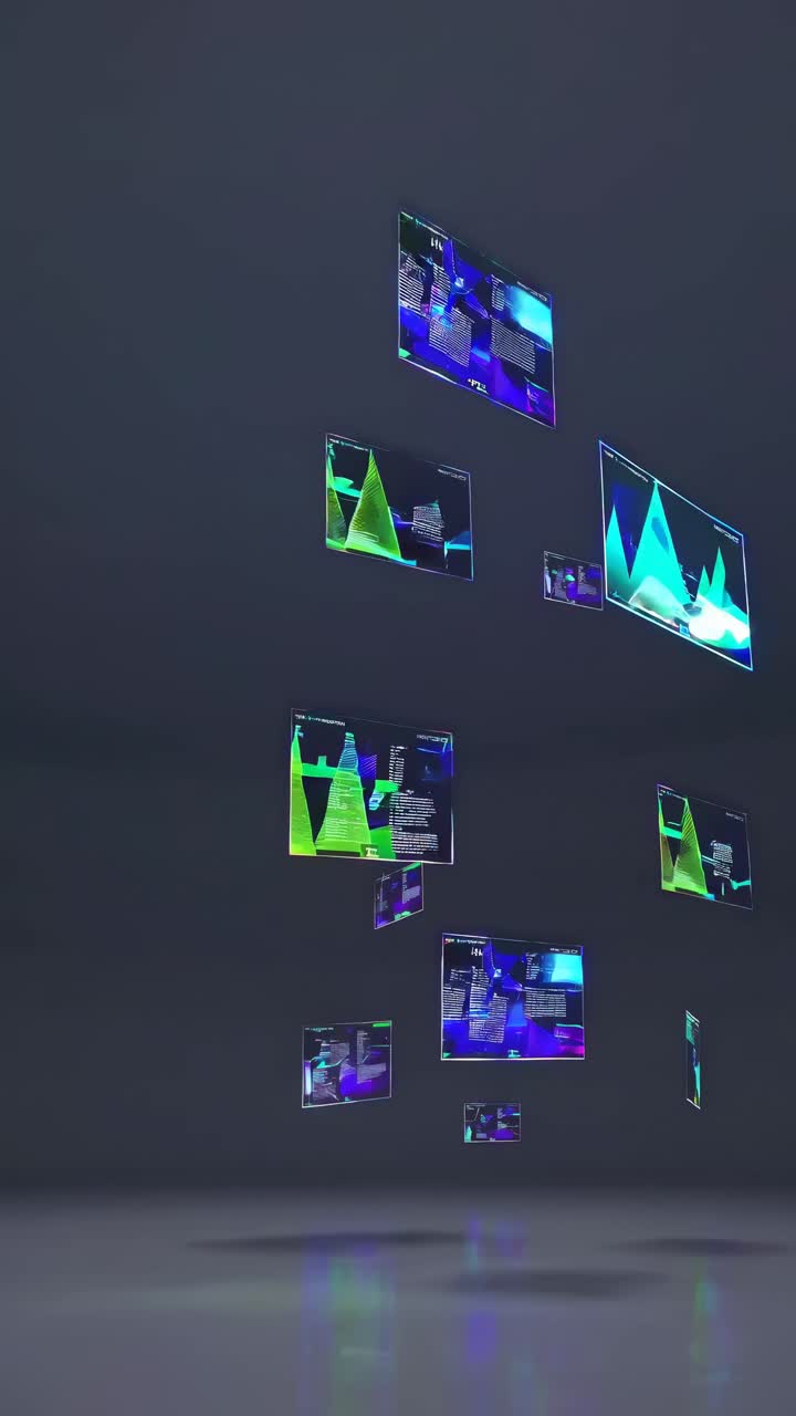 Futuristic video concept with floating digital screens displaying data, captured from a low-angle