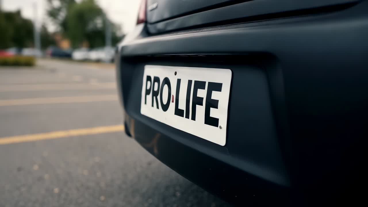 La camera si sposta verso la targa posteriore con la scritta PRO·LIFE nel parcheggio, inquadrando più da vicino il paraurti