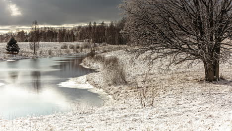 Un-Río-Que-Corre-A-Través-De-Los-árboles-En-Un-Paisaje-Invernal-Cubierto-De-Nieve