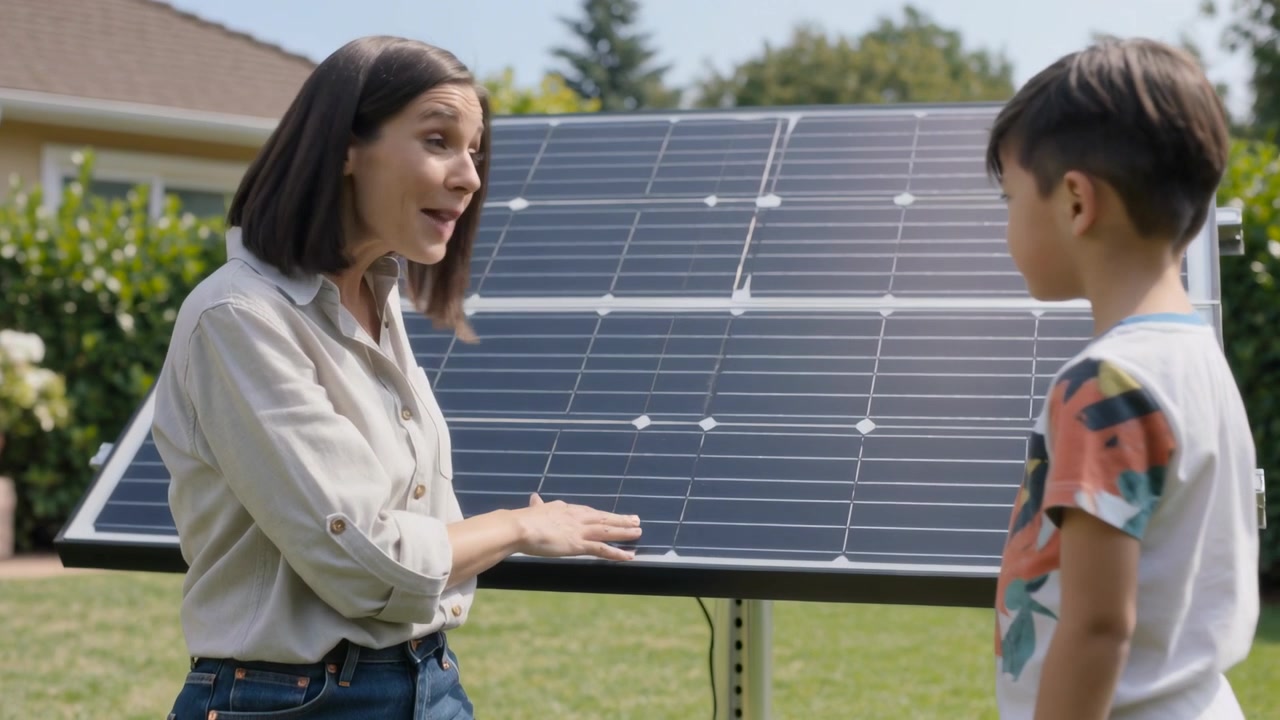 Donna con camicia chiara e jeans che si protende, mentre mostra un pannello solare autonomo sul prato e insegna a un bambino.