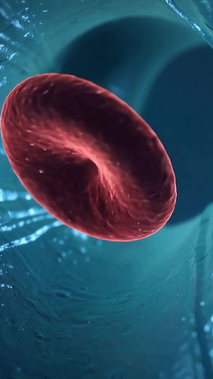 Video verticale: Globulo rosso spinto dal flusso che ruota, alla deriva nel lume, apertura scura e macchioline.