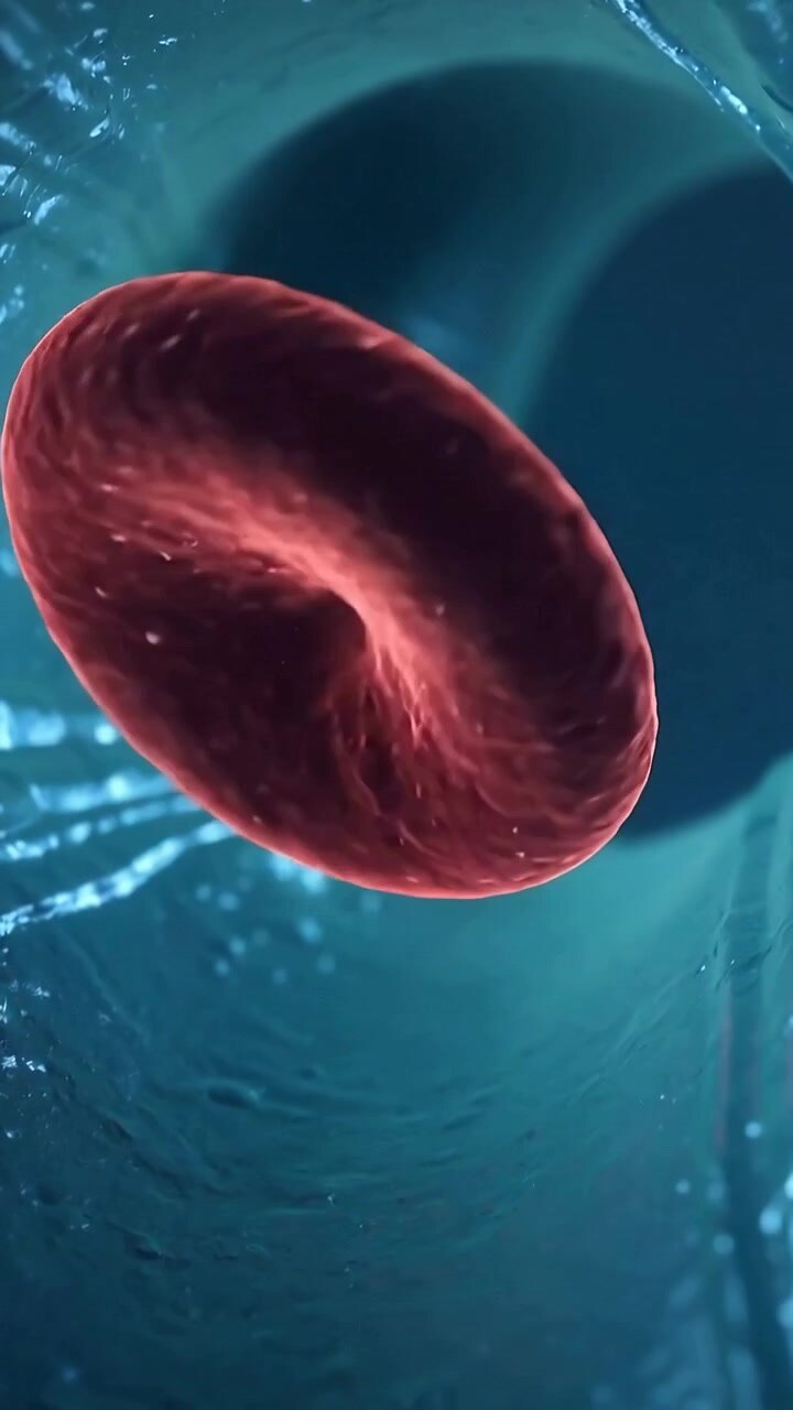 Vertical video: Flow driving red blood cell rotating, drifting in lumen, dark opening and specks