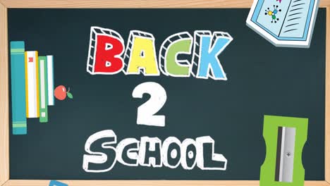 animation of back to school text banner and school concept icons falling against chalkboard