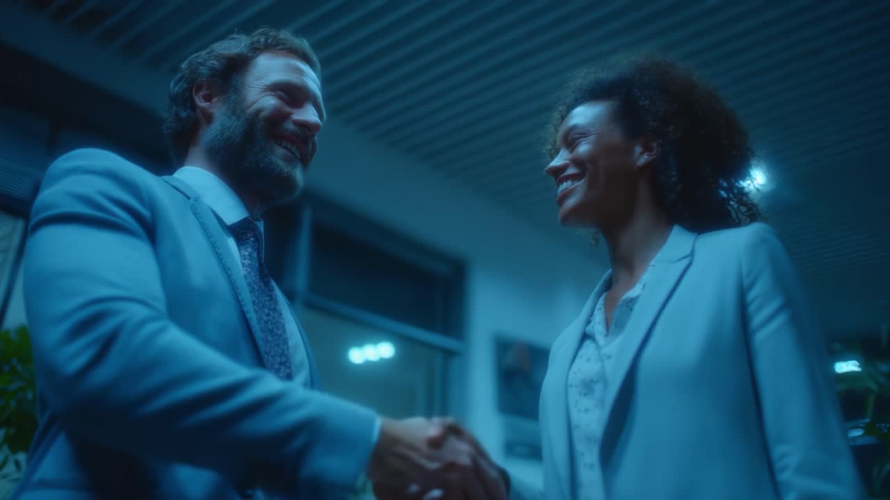 A Warm Professional Greeting Between Colleagues: A Handshake Symbolizing Collaboration and Mutual Respect in a Modern Office Environment Under Soft Lighting