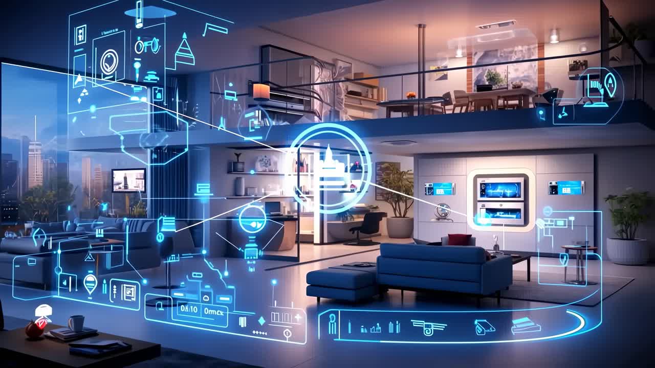 Futuristic smart home interior with holographic interface elements