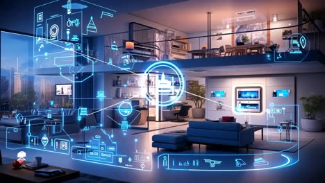 futuristic smart home interior with holographic interface elements