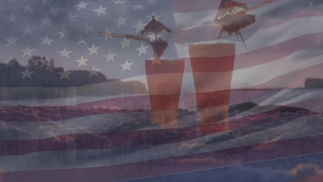Animation-of-waving-american-flag-over-drinks