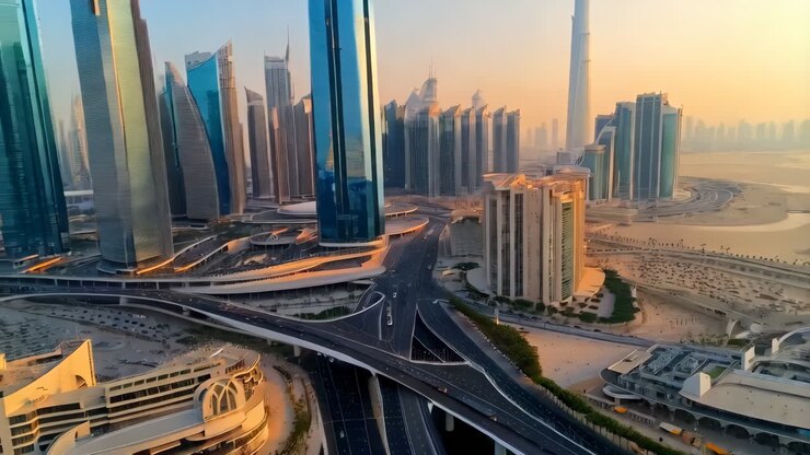 Paysage urbain de Dubaï au lever/coucher du soleil