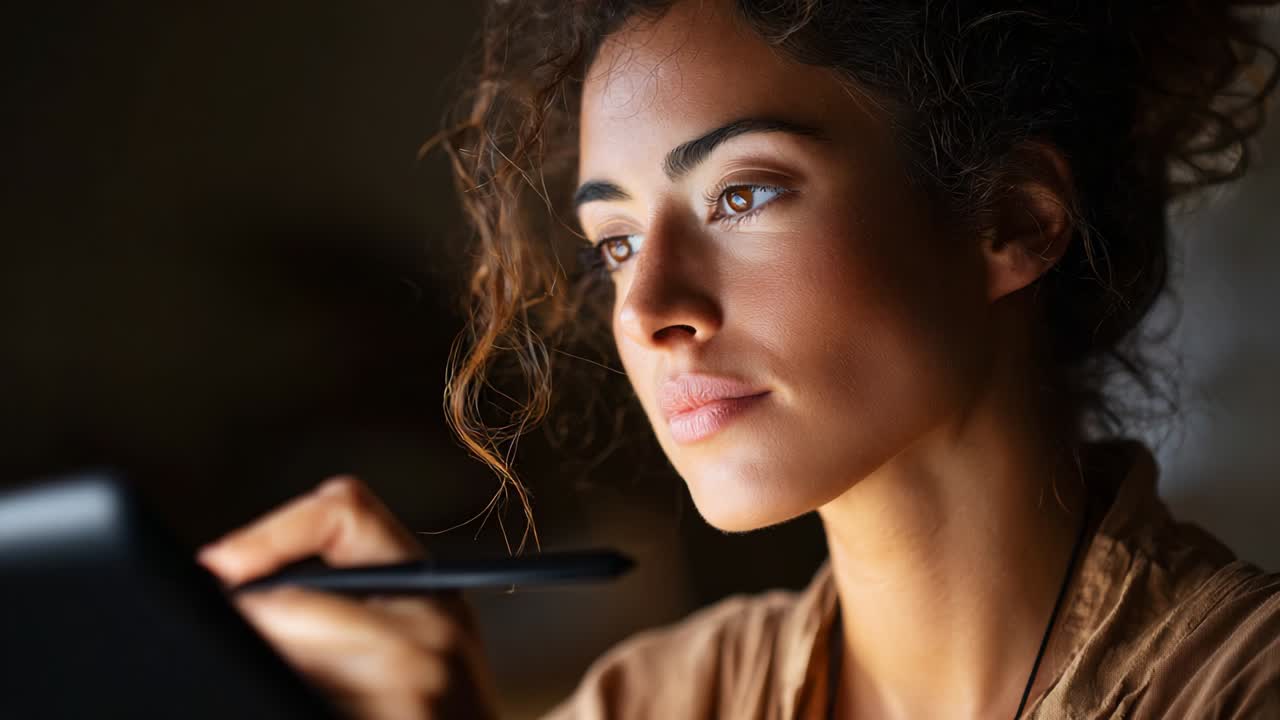 A contemplative woman deeply focused on her creative process as she engages with digital art, combining technology and artistry while showcasing her passion for expression and innovation in design