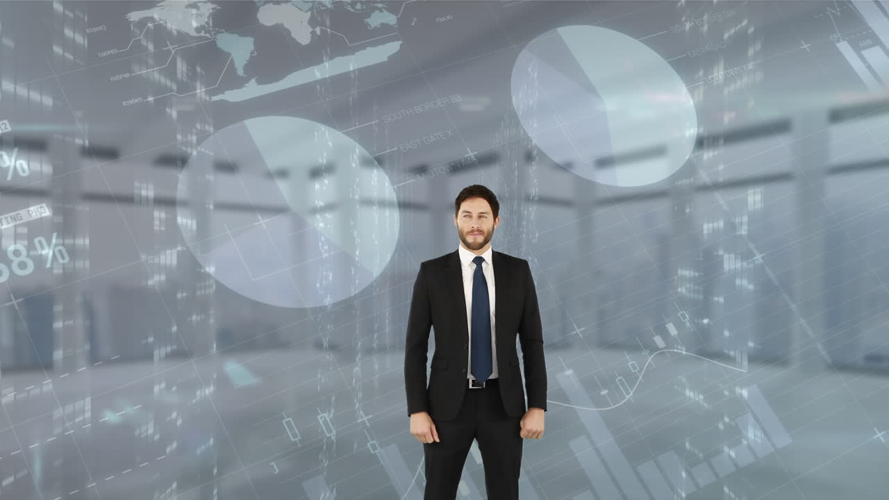 animación de hombre de negocios caucásico sobre diversos gráficos y oficina