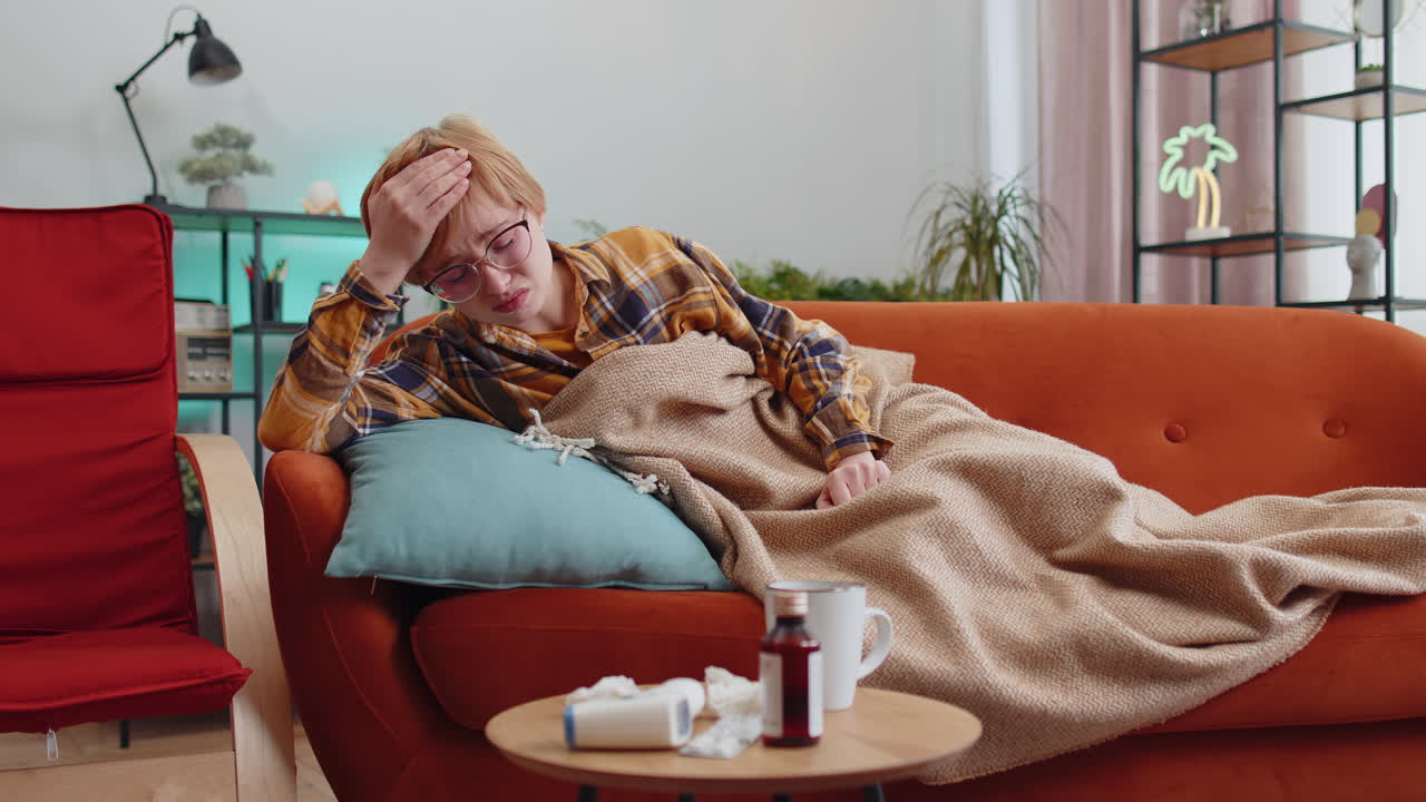 Sick ill woman suffering from cold or allergy sitting on home sofa sneezes wipes snot into napkin