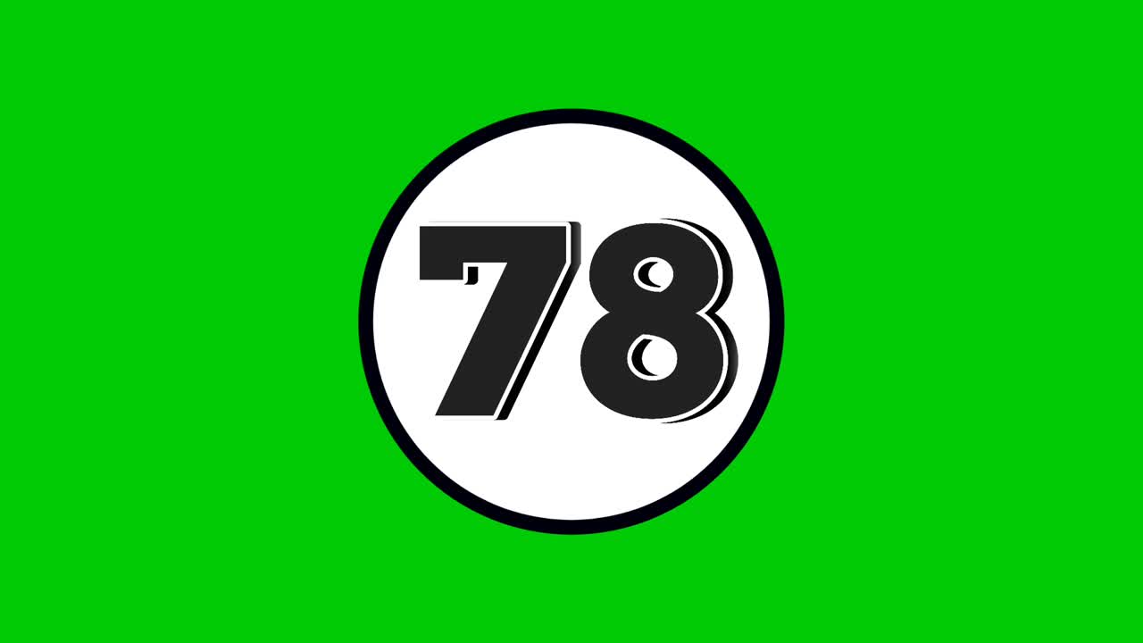 Number 78 symbol sign animation motion graphics cartoon black color on green screen background.numbers in white circle suitable for video elements