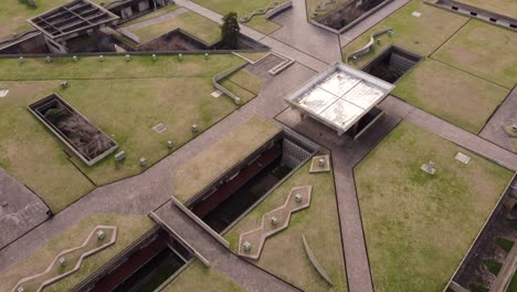 Aerial-flyover-modern-La-Chacarita-Cemetery-in-Buenos-Aires-during-sunny-day