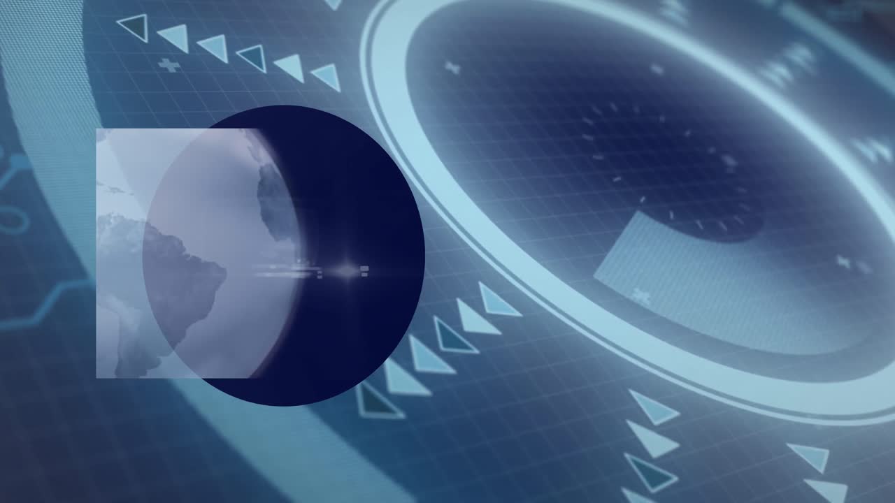 animación del globo sobre el procesamiento de datos con escaneo de alcance en fondo negro.