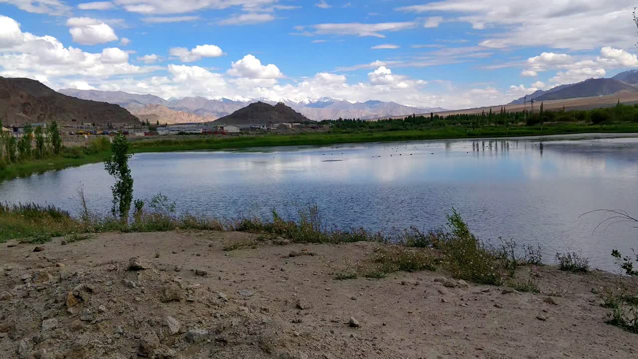 incredibile scenario del lago blu riflesso di anatre che nuotano montagne di neve cielo azzurro e nuvole nella città di leh
