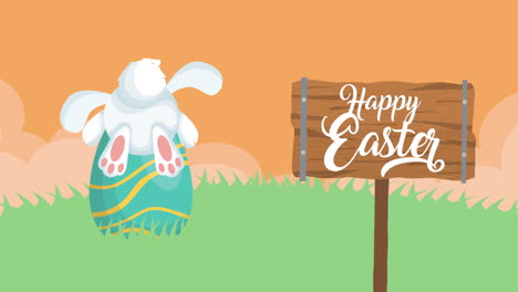 happy easter animated card with rabbit and eggs painted in field