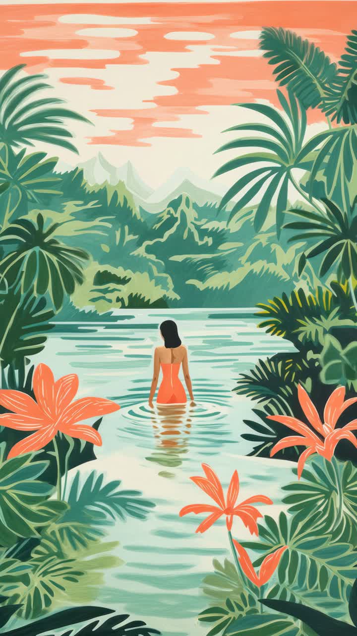 A serene video concept of a woman in a tropical lake, surrounded by lush foliage