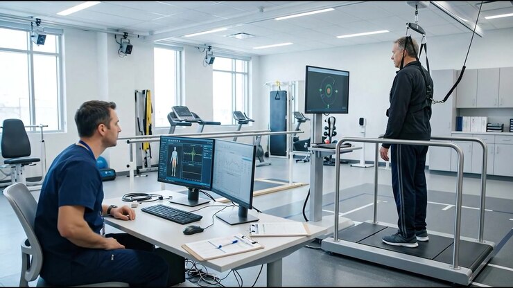 Physical Therapist Monitoring Patient During Gait Analysis on Treadmill