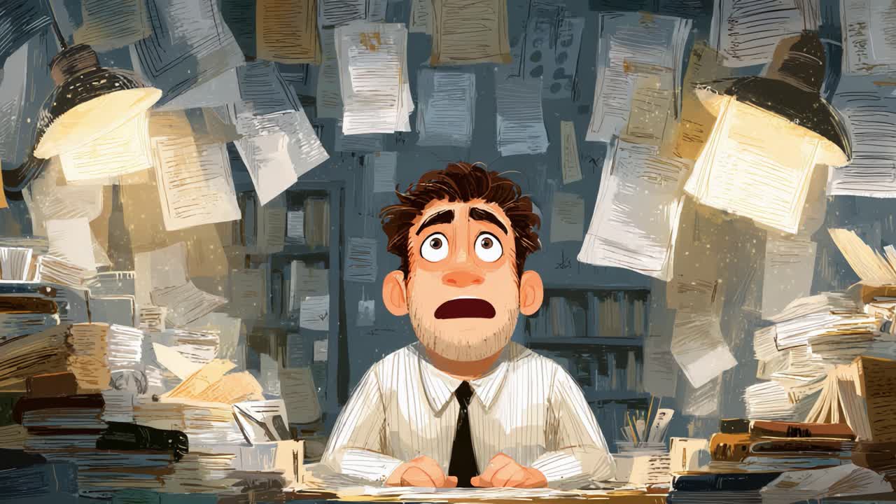 An overwhelmed office worker sits surrounded by a chaotic mountain of paperwork, reflecting the stress and disarray of modern work life in a whimsical animated style