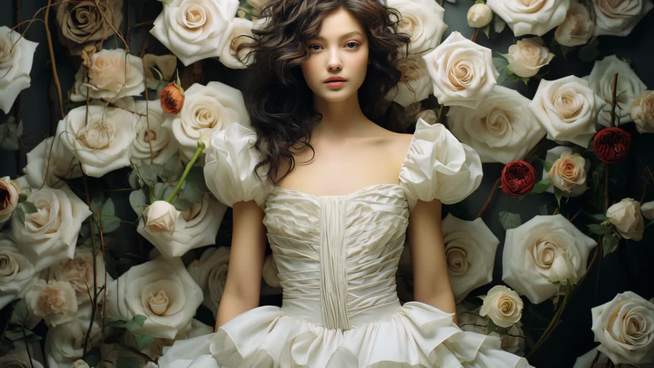 Serious woman in white dress amidst roses on wall