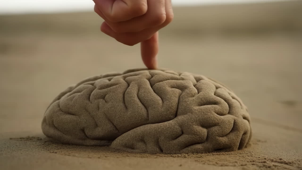 Cervello di sabbia su una superficie di spiaggia sabbiosa sotto la calda luce del sole, mano adulta che preme delicatamente il cumulo di sabbia scolpito, primo piano.