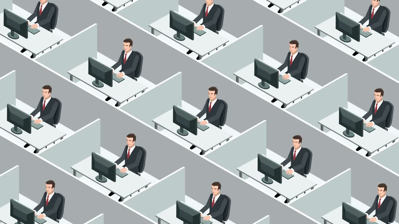 同一の事務員クローンビジネスマンクビックルオフィスのワークスペースでコンピューターでハードワークをします