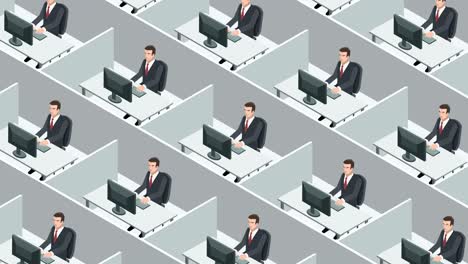identical clerks clones business people hard works on the computer in cubicle office workspace