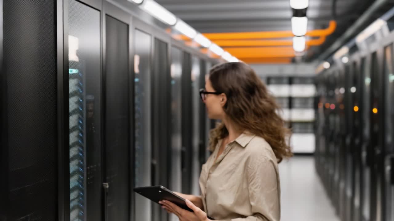 A professional woman in a beige shirt reviews data on a tablet while navigating through a modern server room filled with high-tech equipment and illuminated by soft lights