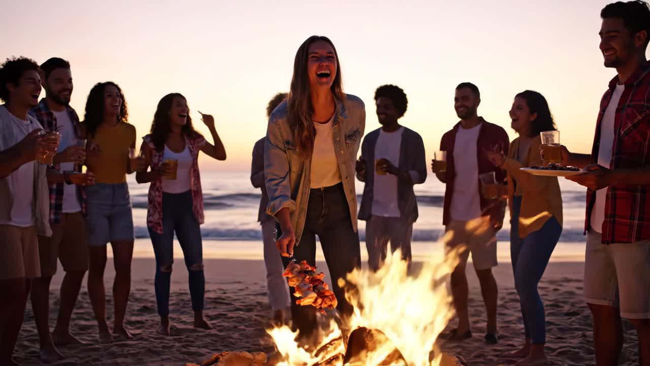 Group of friends having a beach party with a bonfire