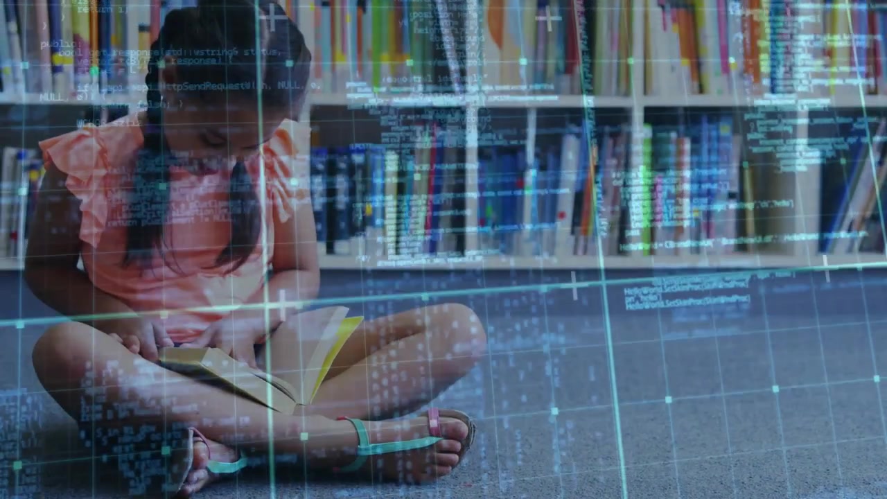 Girl opening yellowed book on carpet and scanning pages with faint code grid overlay for education