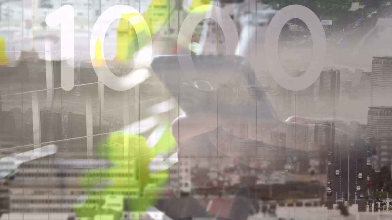 animación del paisaje urbano y los números sobre un empresario caucásico que usa un teléfono inteligente