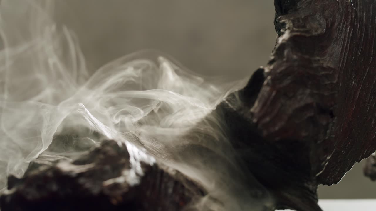 Person holding Palo Santo wood stick in hand, aromatic Palo Santo burning on black background, smoke spreading around, slow motion video clip, high quality 4k close up footage. High quality 4k footage