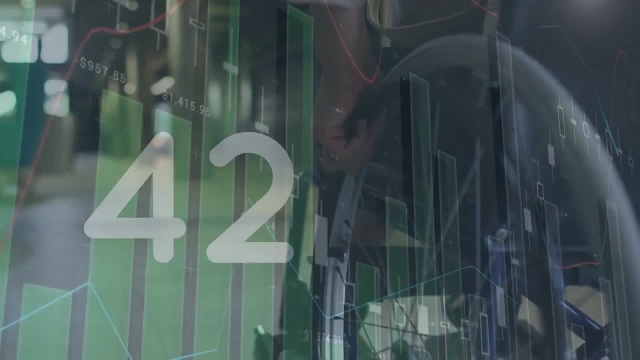 animación de números y procesamiento de estadísticas sobre mujeres en silla de ruedas en la oficina