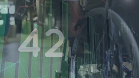 animation of numbers and statistics processing over woman in wheelchair in office