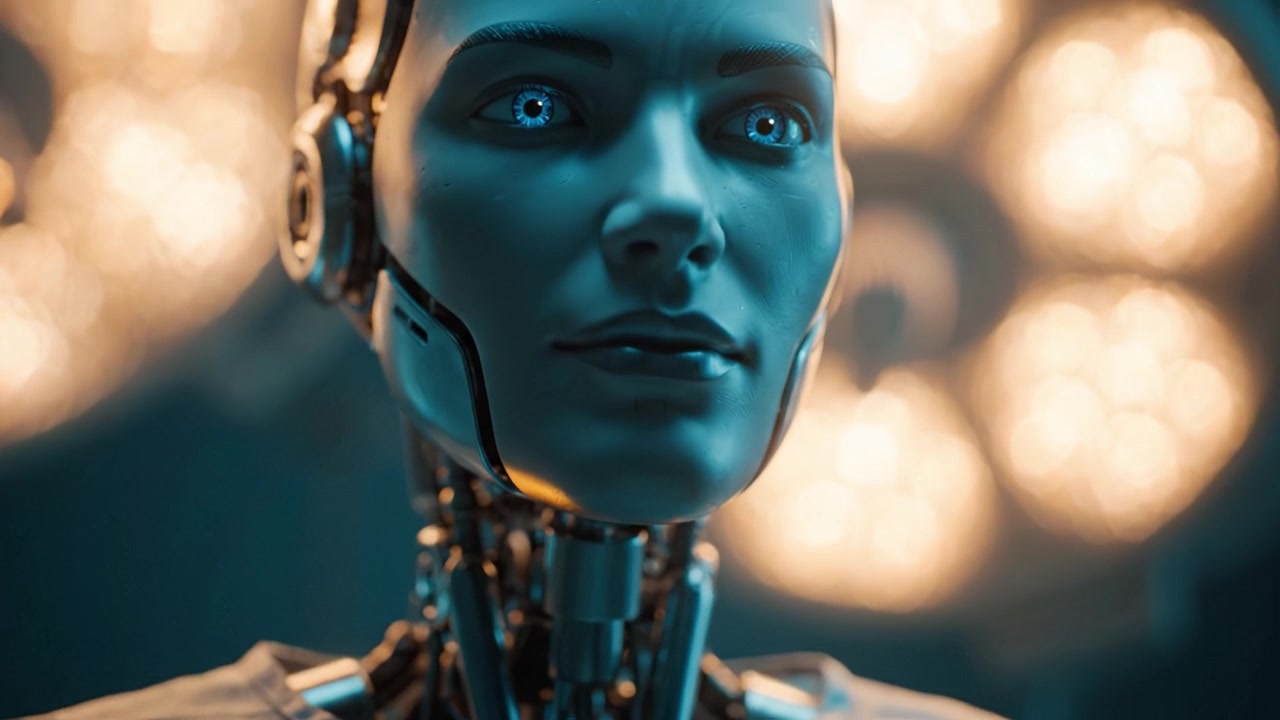 A robotic figure depicted in two frames showcasing intricate metal hands in prayer and a close-up view of a humanoid face illuminated by circular lights.