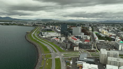 seaside street in iceland reykjavik aerial shot cloudy day