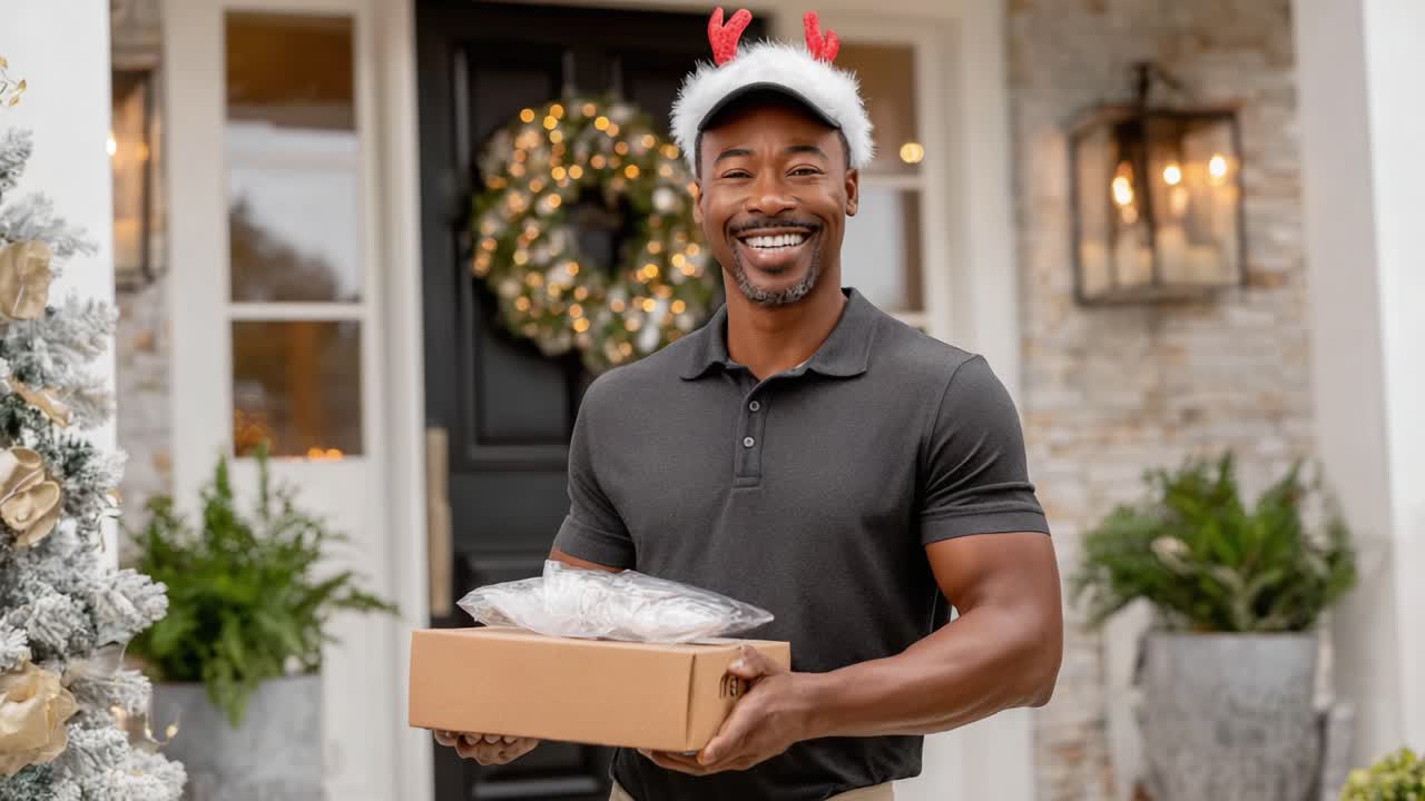 Joyful Delivery Person in Festive Attire Holds Holiday Package with Cheerful Smile at Front Door, Embodying the Spirit of Giving and Celebration