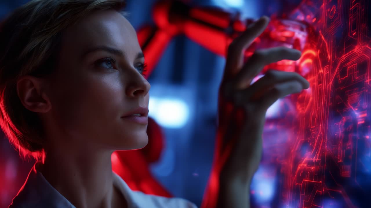 A focused individual engages with advanced technology in a futuristic setting, exploring complex systems while robots assist in manipulating vibrant digital interfaces and circuits illuminated by striking colors