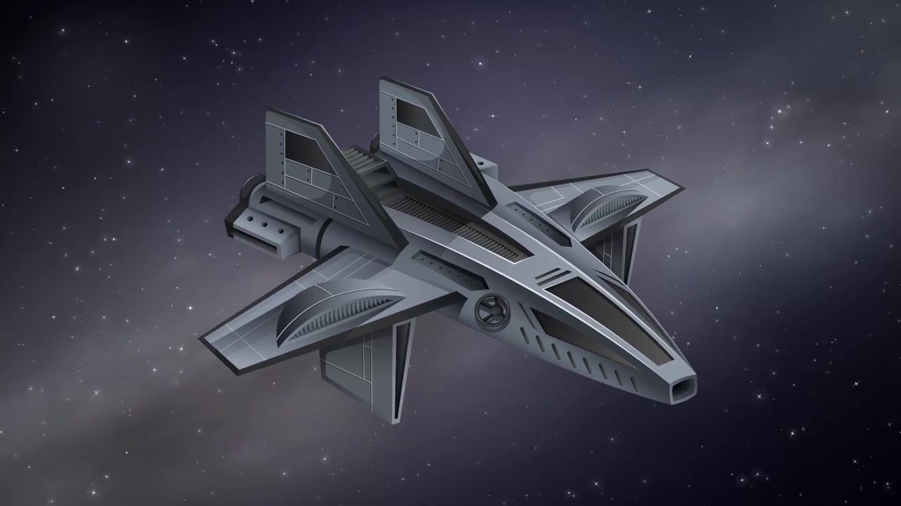 Animated gray spacecraft drifting slowly against a dark cosmic background with distant twinkling stars.