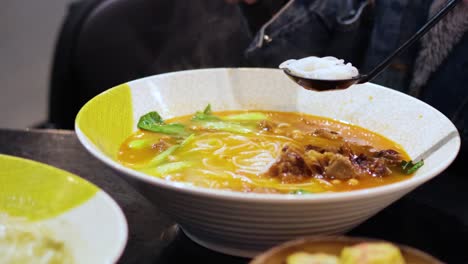 person eating noodle soup with vegetables and meat