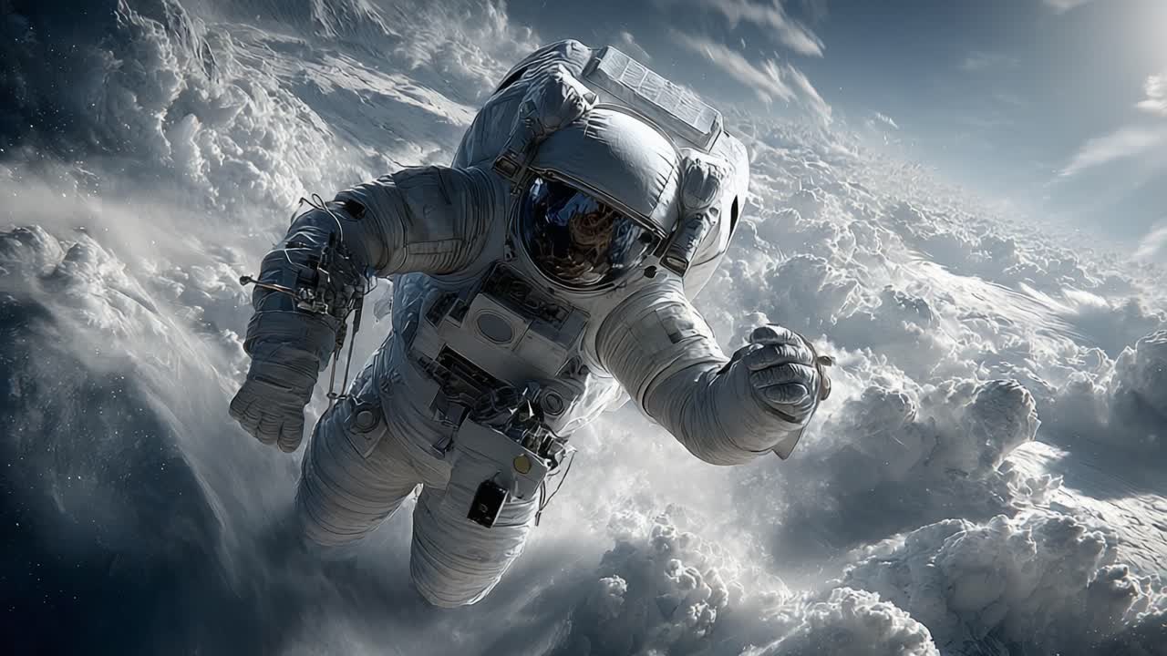 An astronaut gracefully glides through a breathtaking expanse of clouds in space, capturing the elegance of human exploration beyond Earth, showcasing adventure and technology