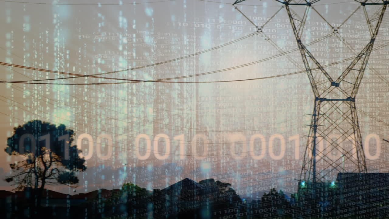Animation of binary coding over landscape with electricity pylons