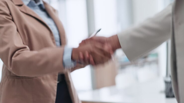 Forretningsfolk, der giver hånd, og jobsamtale