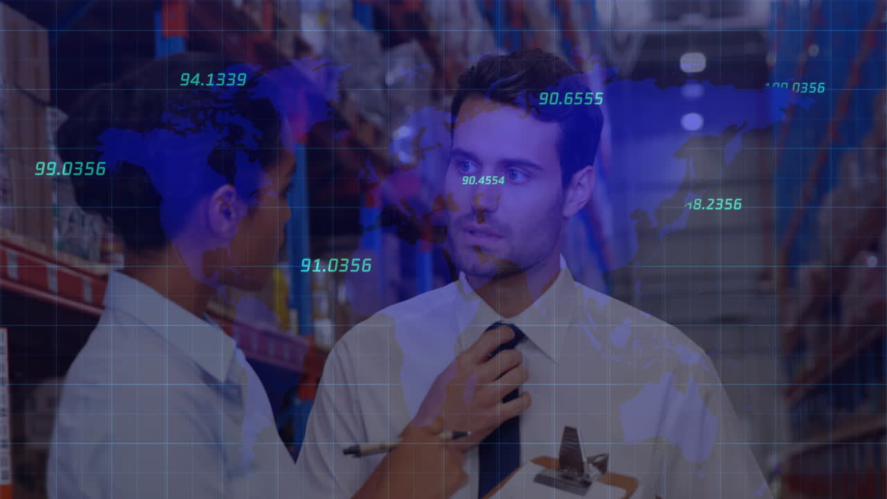 Animation of financial data processing and world map over diverse business people in warehouse