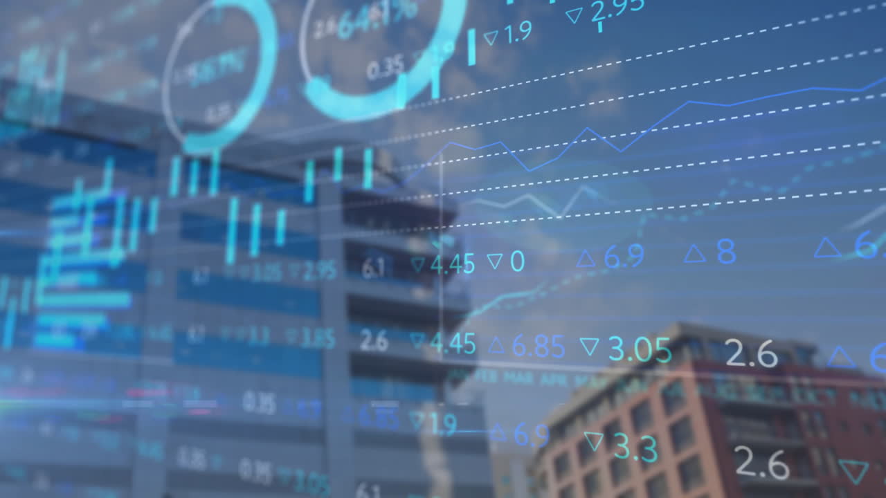 도시 풍경 위의 금융 데이터 처리 애니메이션