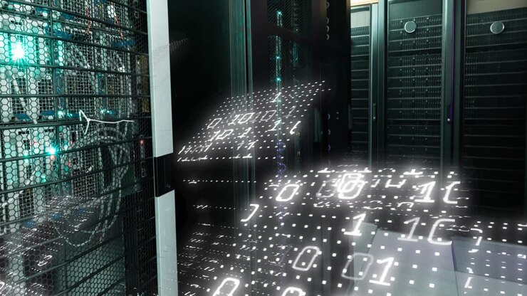 Animation of data processing binary coding over computer servers