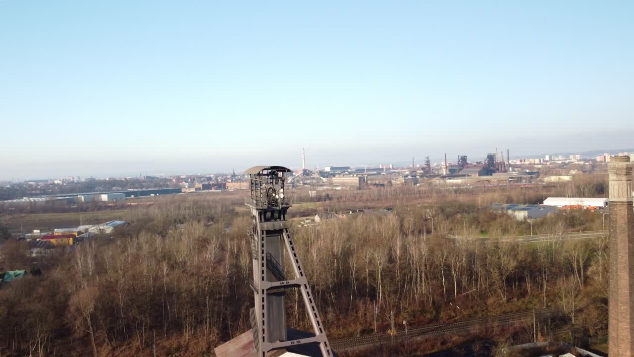 Drone flyover of old coal mining tracks and tower remnants in Ostrava, Czech Republic