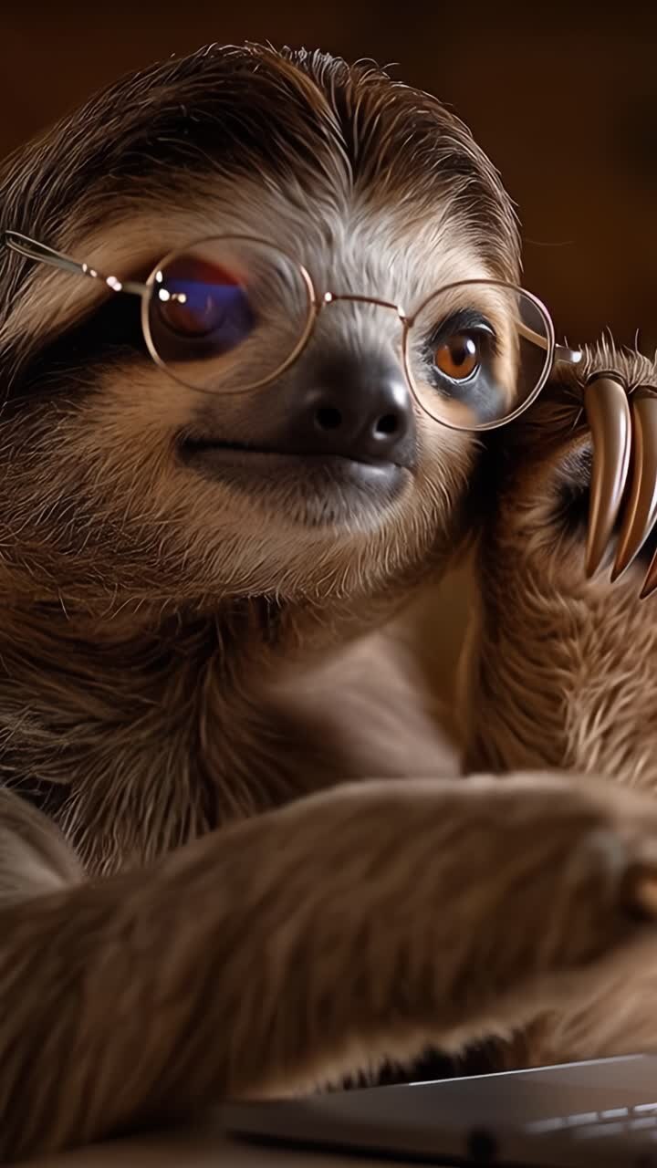 Un Encantador Perezoso con Gafas Inmerso en una Actividad, Irradiando una Vibra Tierna e Inteligente e Invitando a la Curiosidad con su Expresión y Entorno Únicos
